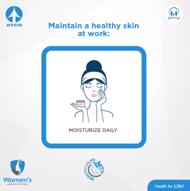 A healthy routine paired with the frequent use of a good moisturizer will hydrate your skin at work